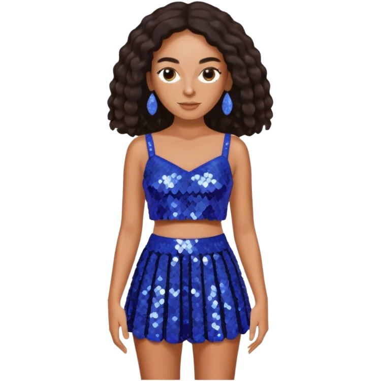 Solange with dark brown long hair, periwinkle sequin crop top and skirt emoji