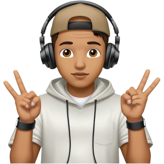 rapper with headphones making hand gestures emoji