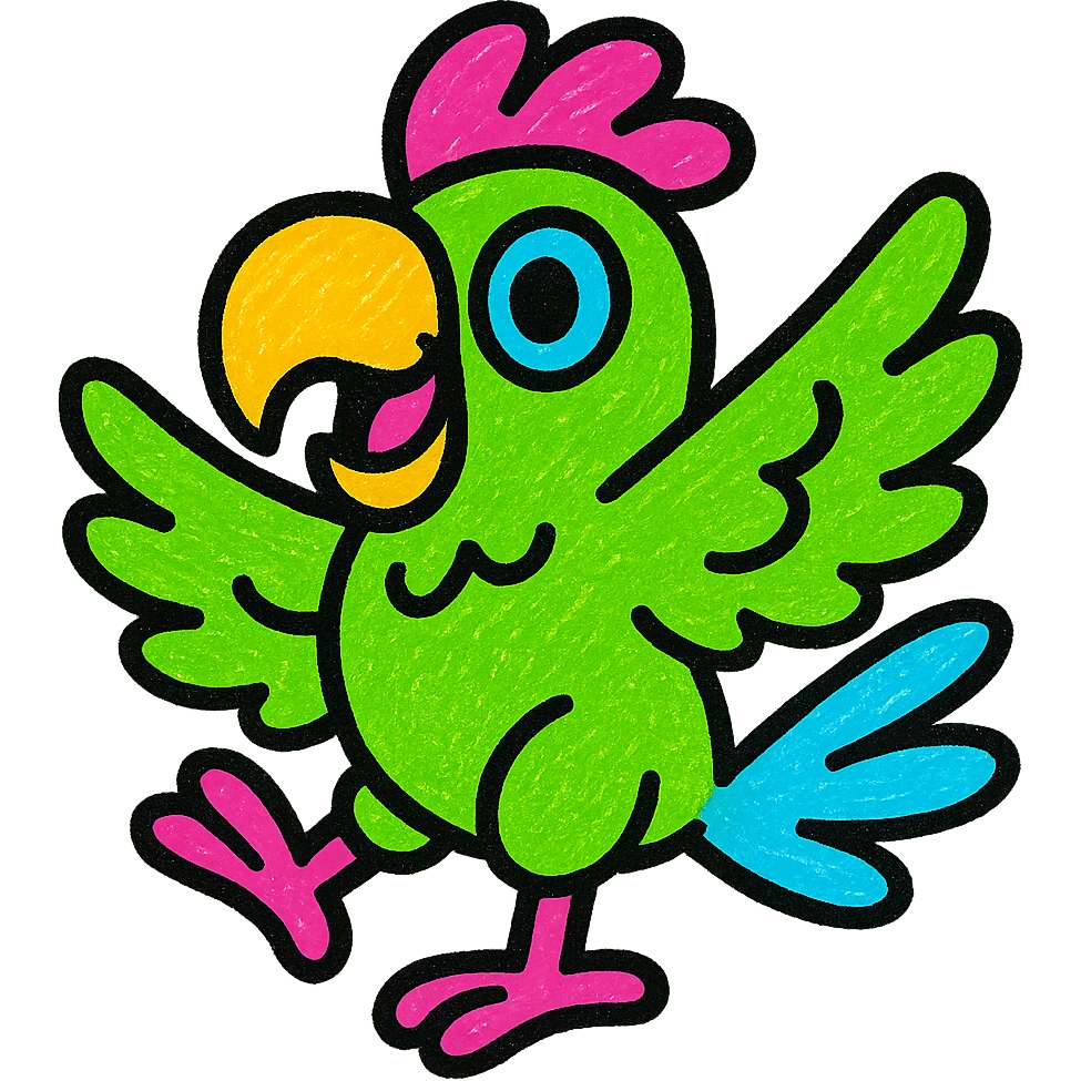 chimelo, a stylized parrot with bright green feathers and a playful pose emoji