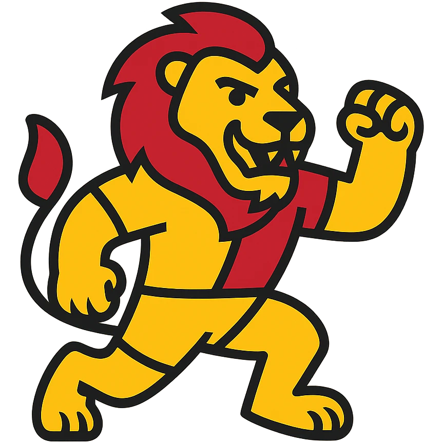 Galatasaray S.K. lion mascot, bold yellow and red colors, energetic pose, sports logo style, clean lineal color icon with black outlines emoji