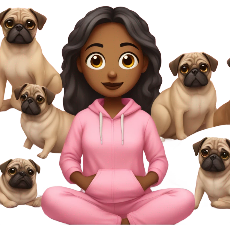 Girl in pink sweats with pugs laying on her bed emoji