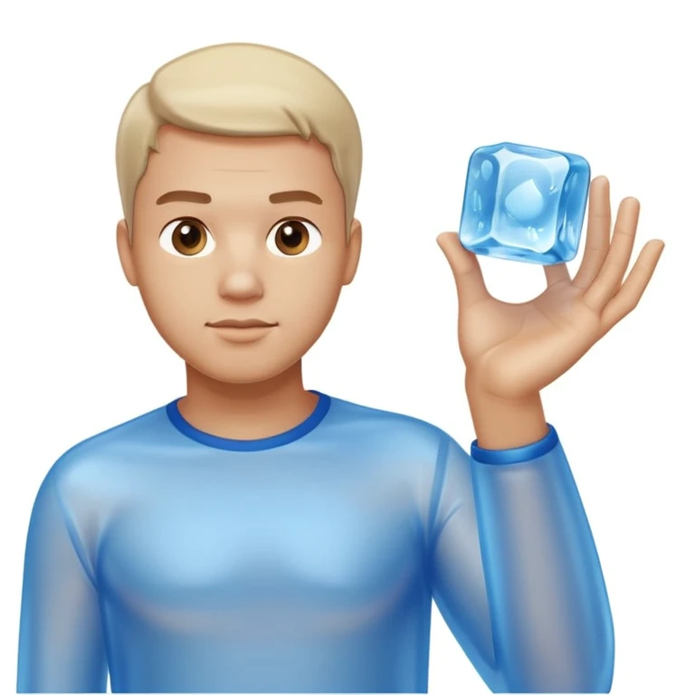 man holding a large clear slightly blue shiny transparent ice cube in one hand, calm neutral expression, standing upright, minimalistic glossy 3D clean edges, plain white background, matching Apple's emoji design emoji