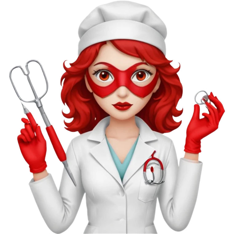 


Scary woman scalpel in hand, evil surgeon sexy surgeon clothes.  She has redcolored  eyes. Her  hair only is free ne brown long curly hair. Wears sexy doctor outfit with red gloves. make her wear red ski mask and nose mask  to hide. Wears white surgeon coat, wears  stilettos emoji