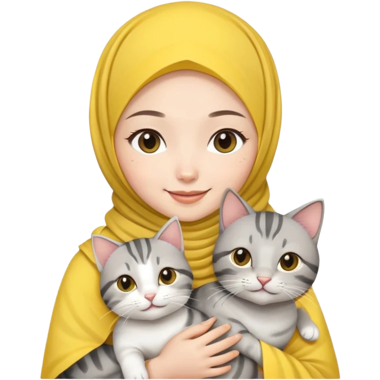 Asian White girl wearing yellow hijab and white dress holding a black grey tabby cat while smiling.  emoji