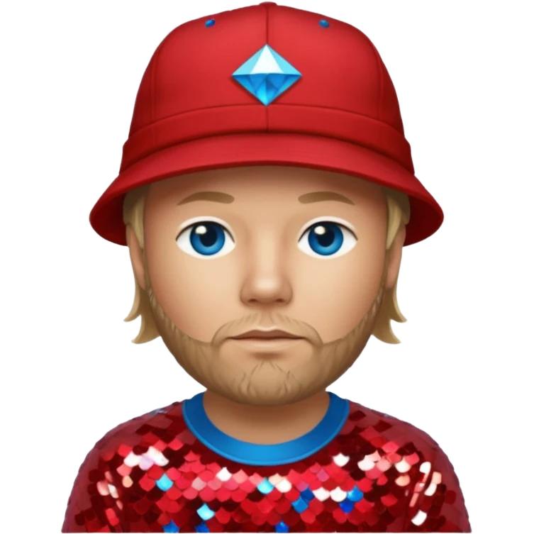 Fred Durst with long dark blonde hair, red sequin shirt and hat, blue eye emoji