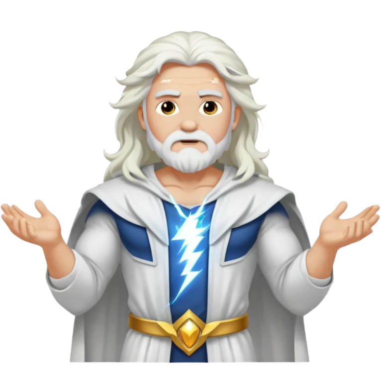 Zeus, whole body, white clothes, long white  hair, lightnings emoji