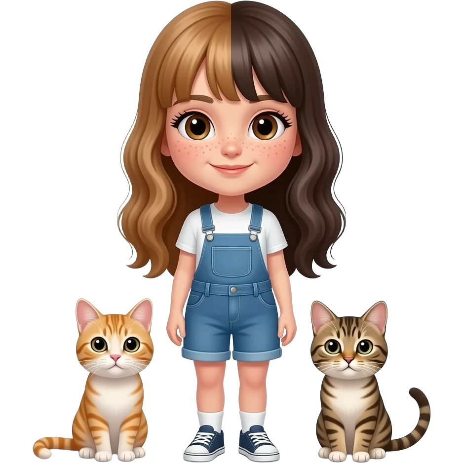 girl with dark brown eyes, a lot of freckles,pale skin, long full lashes and long half light brown and half dark hair no bangs with two cats emoji