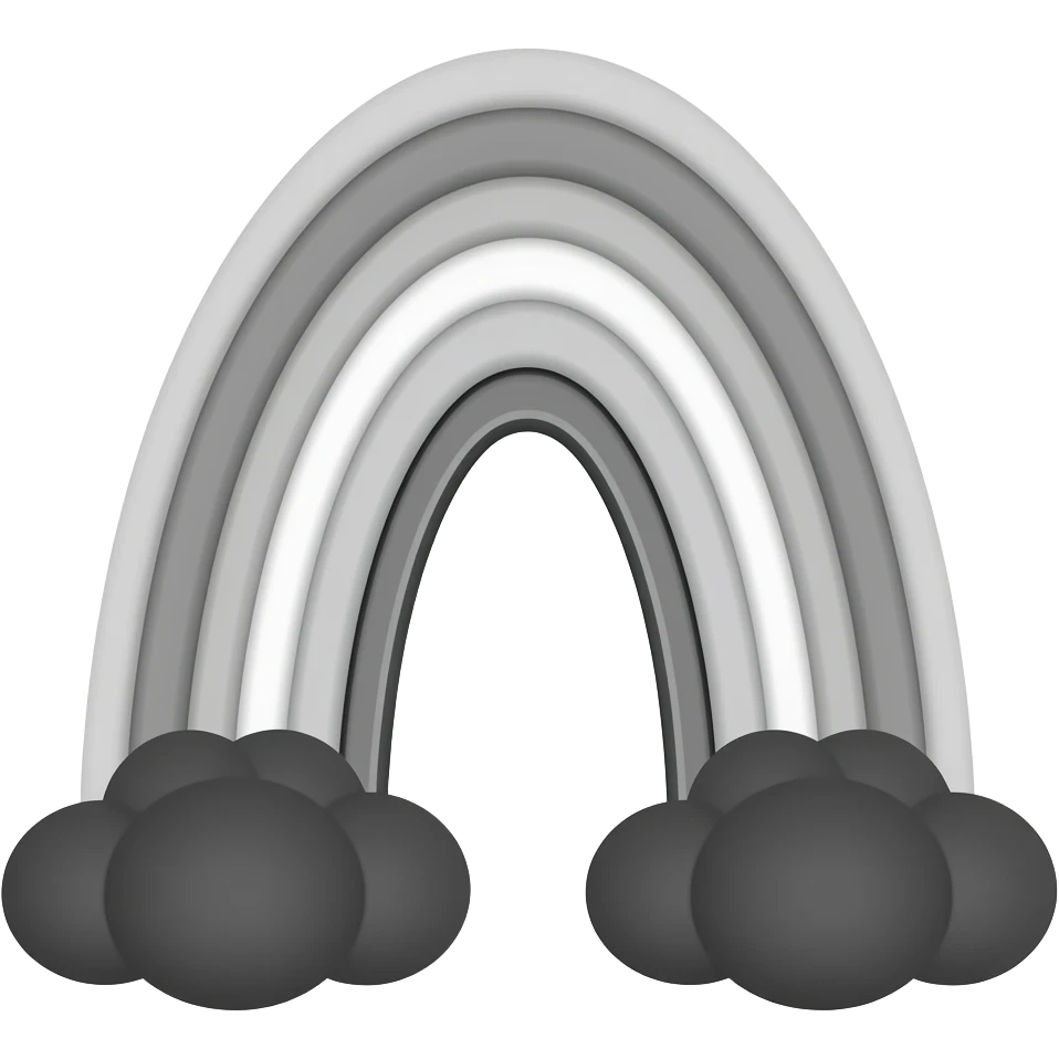 Rainbow emoji but entirely grayscale, with black clouds on both ends of the rainbow emoji