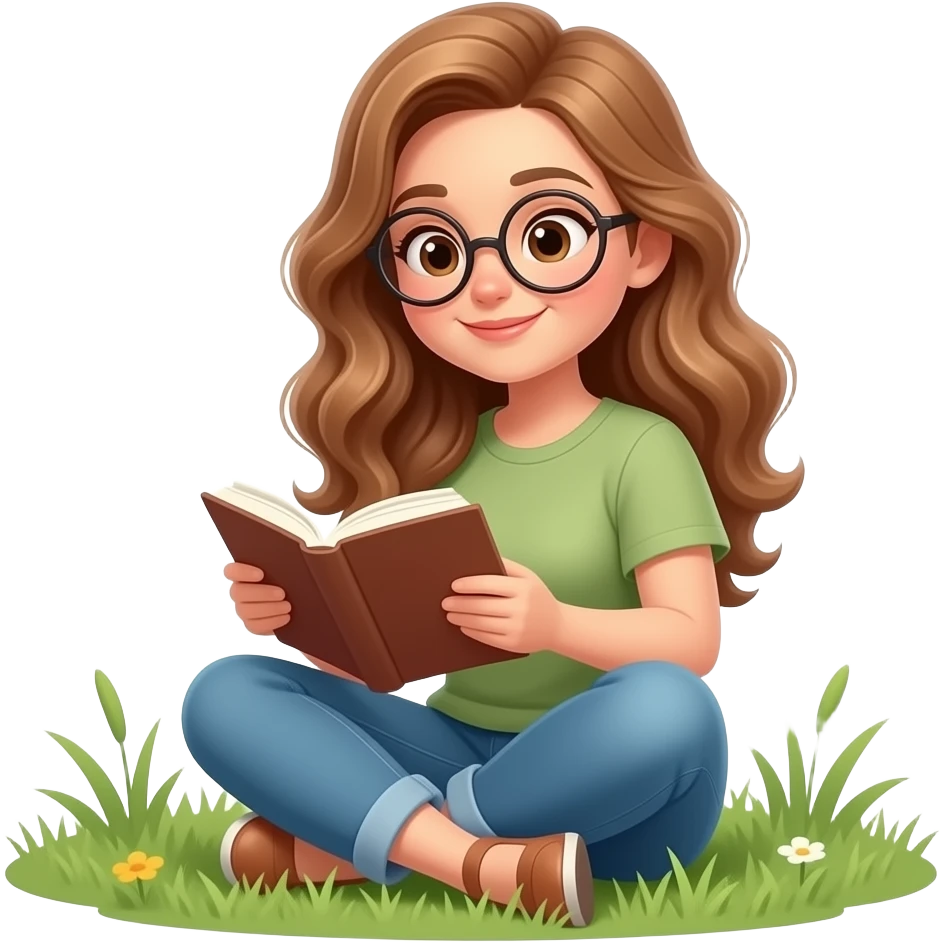 detailed emoji illustration of a curvy woman with long light brown wavy hair, light brown eyes and round glasses reading a book sitting in the grass, peaceful outdoor atmosphere, cute emoji style emoji