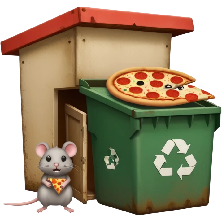 emoji-style icon of a pizza restaurant with a pizza slice sign, an overflowing dumpster next to the building, and a big rat peeking around the corner by the dumpster, unsanitary and dirty, clear at small size, no text emoji
