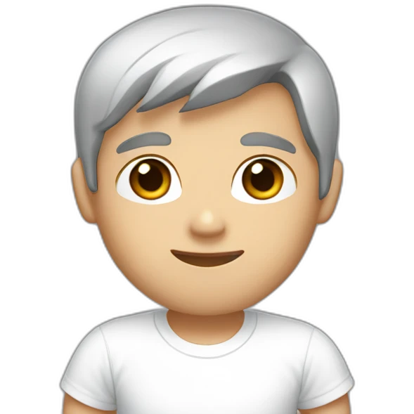 a young man with white skin, shorter black-brown hair and dark brown eyes wearing a white t-shirt emoji
