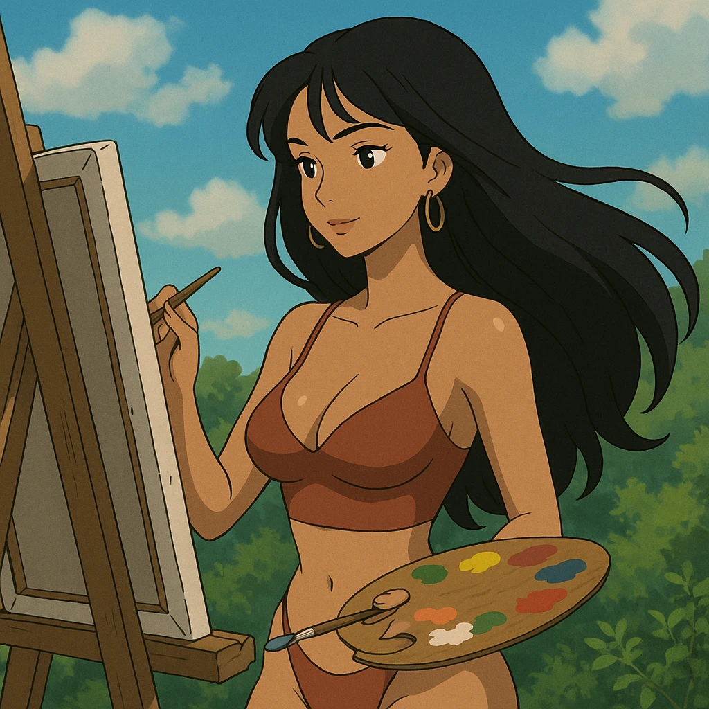 sexy tanned woman artist with long black hair, painting at an easel, holding a paint palette and brush, in ghibli style emoji