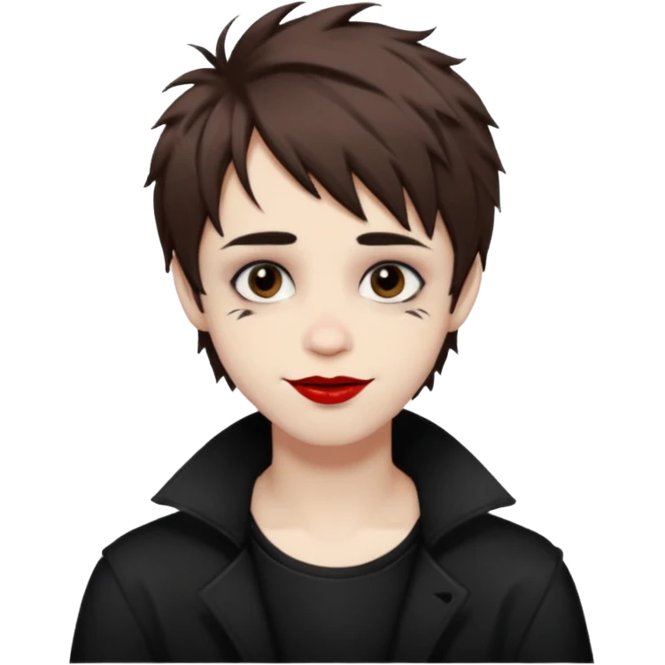 Happy pale Goth boy with shaggy brown hair, and messy black eyeliner , smudged, red, lipstick  emoji
