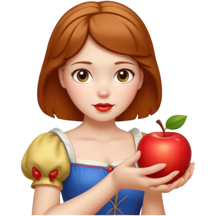 Create an emoji of Snow White holding a red apple, with short golden-brown hair. emoji