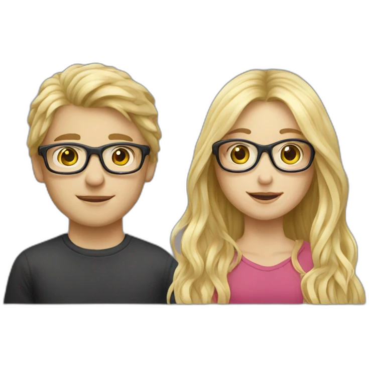 Blond long hair girl with blond boy with glasses, love emoji