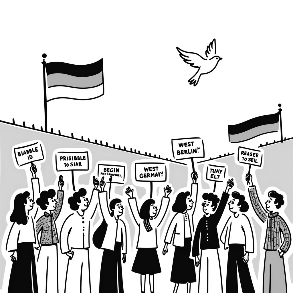 protesting people with signs featuring slogans, the Berlin Wall, peace dove, East and West Germany flags, 1950s and 60s emoji