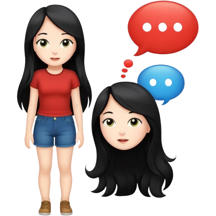 cute girl full body with long black hair with speech bubbles not have money emoji