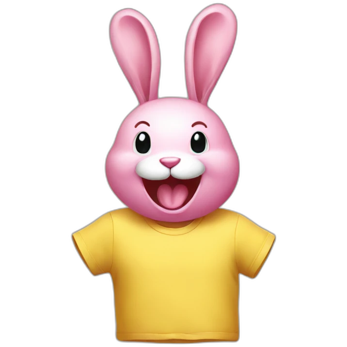 Pink rabbit, yellow tee shirt, laughing emoji