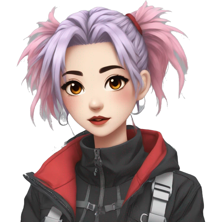 Gorgeous pastel bright techwear anime style lady with blushing face aesthetic and pretty edgy black red white punk messy hair with collar and harness trending style emoji