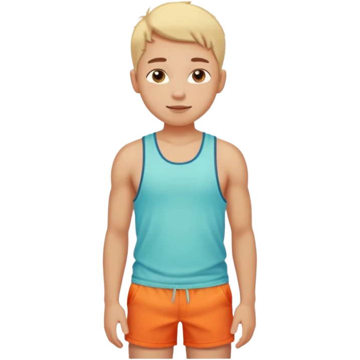 Emoji-style person in beach shorts with sunburned shoulders and chest, tank top outline, cute rounded features, soft shading, vibrant colors emoji