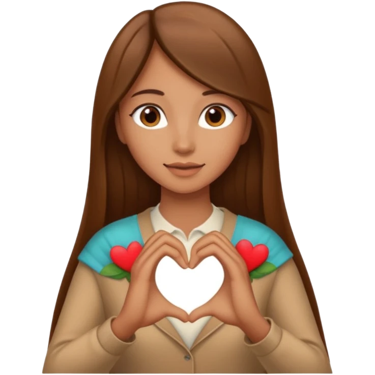 Mujer trigueña cabello largo lacio castaño haciendo un corazon con sus manos emoji