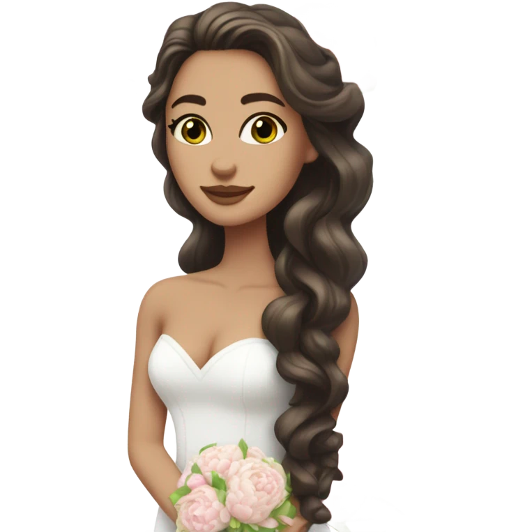 White bride with long wavy brunette hair and green eyes with light pink peonies in hair white skin  emoji