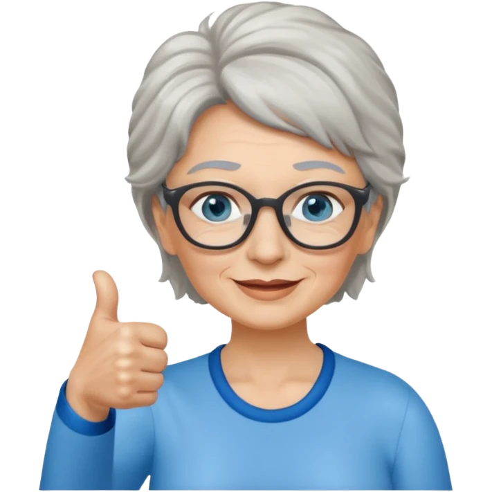 Older woman with blue eyes Ang salt and pepper hair and with glasses giving a thumbs up emoji