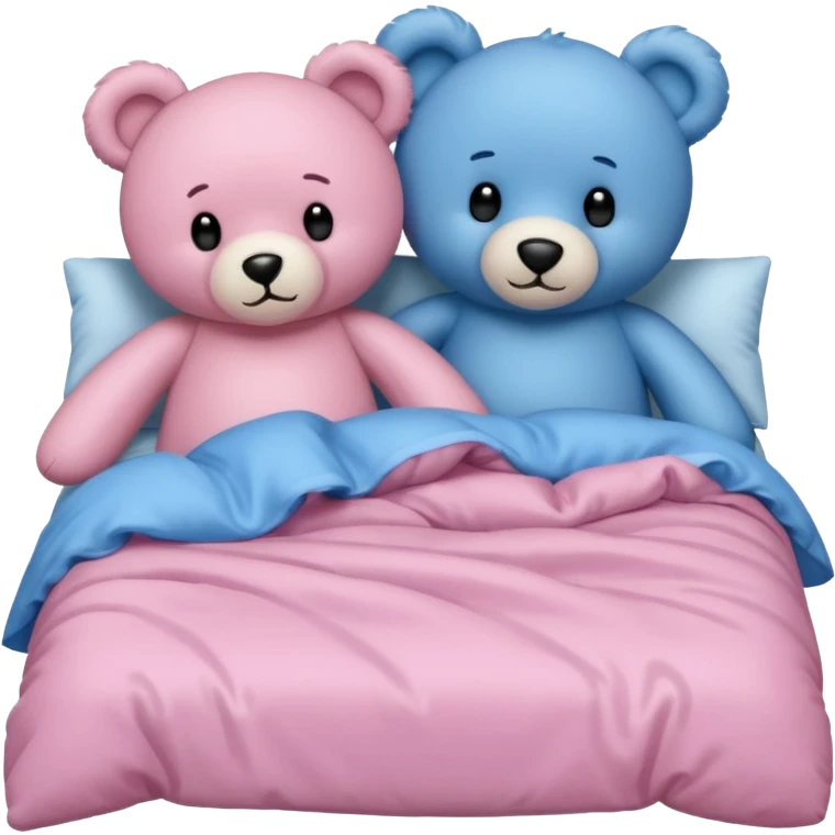 A pink and a blue teddy bear in bed  emoji