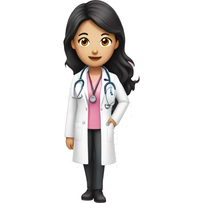Wavy long black hair Asian female doctor in pink undershirt white coat over pink stethoscope  emoji