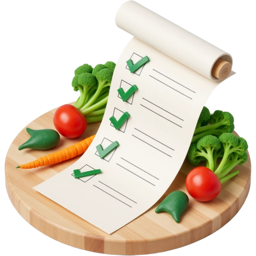 floating rolled paper list with green checkboxes and around vegetables emoji