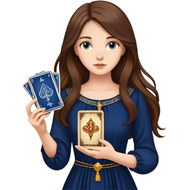 A girl with long hair, in a dark blue dress holds tarot cards in her hands emoji