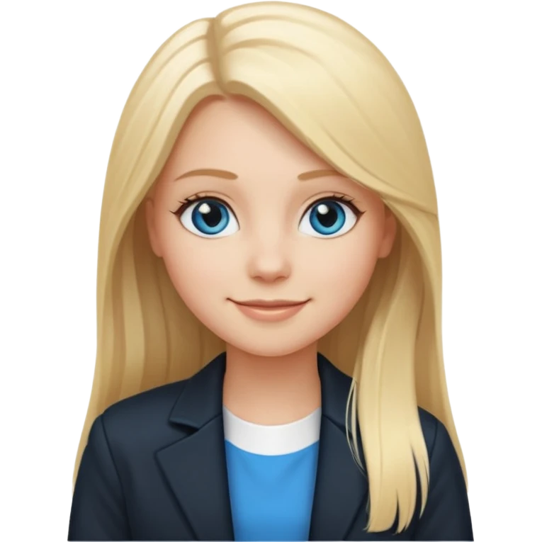 A white girl with long straight blonde hair, blue eyes and a white dress with a black jacket smiling emoji