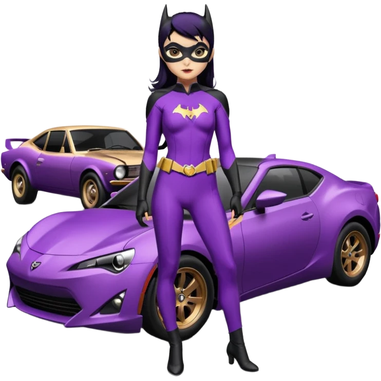 Relaxed adult 60’s Batgirl themed Satin black and rose gold painted Scion FR-S pursuit vehicle hot rod off road capable (tight fitting purple suit with black hair on her) emoji