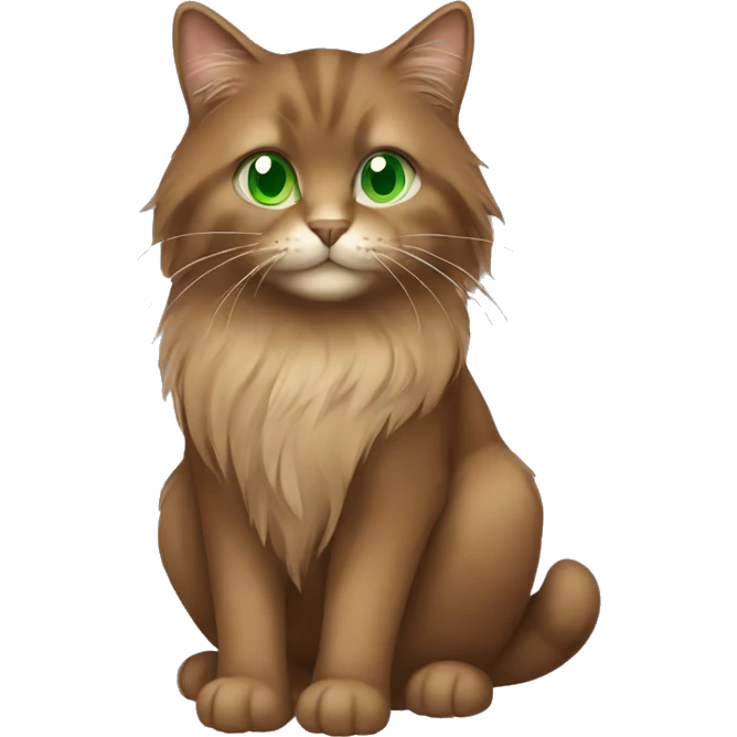 a brown coloured long hair cat with green eyes emoji