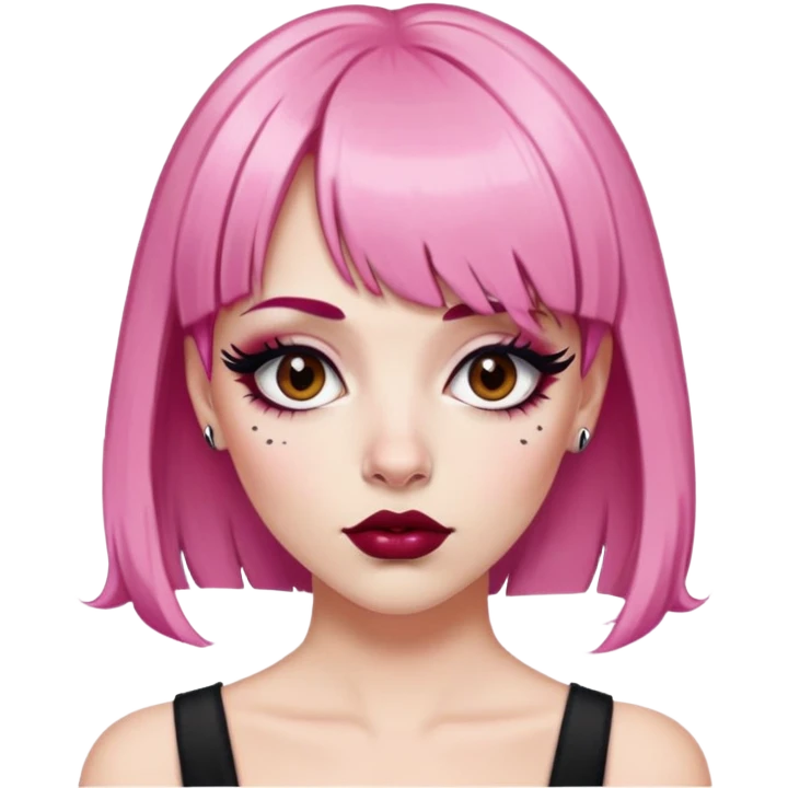 Pink haired white woman with bangs , brown eyes with big black eyeliner and false lashes, dark red lips with a lip piercing emoji