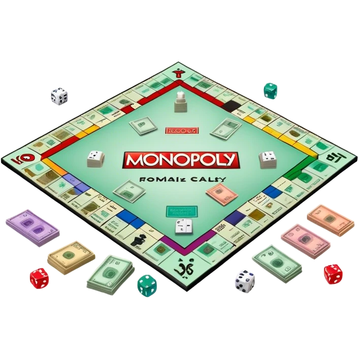 A photorealistic icon featuring a Monopoly board with property spaces, colorful game tokens, dice, and stacks of money. The design includes detailed textures of the board, cards, and tokens, capturing the essence of the Monopoly game. Transparent background, symbolizing Monopoly and board games. emoji