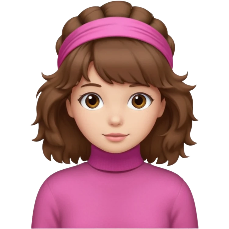 brown fluffy haired girl with pink turtleneck sweater and hair band emoji