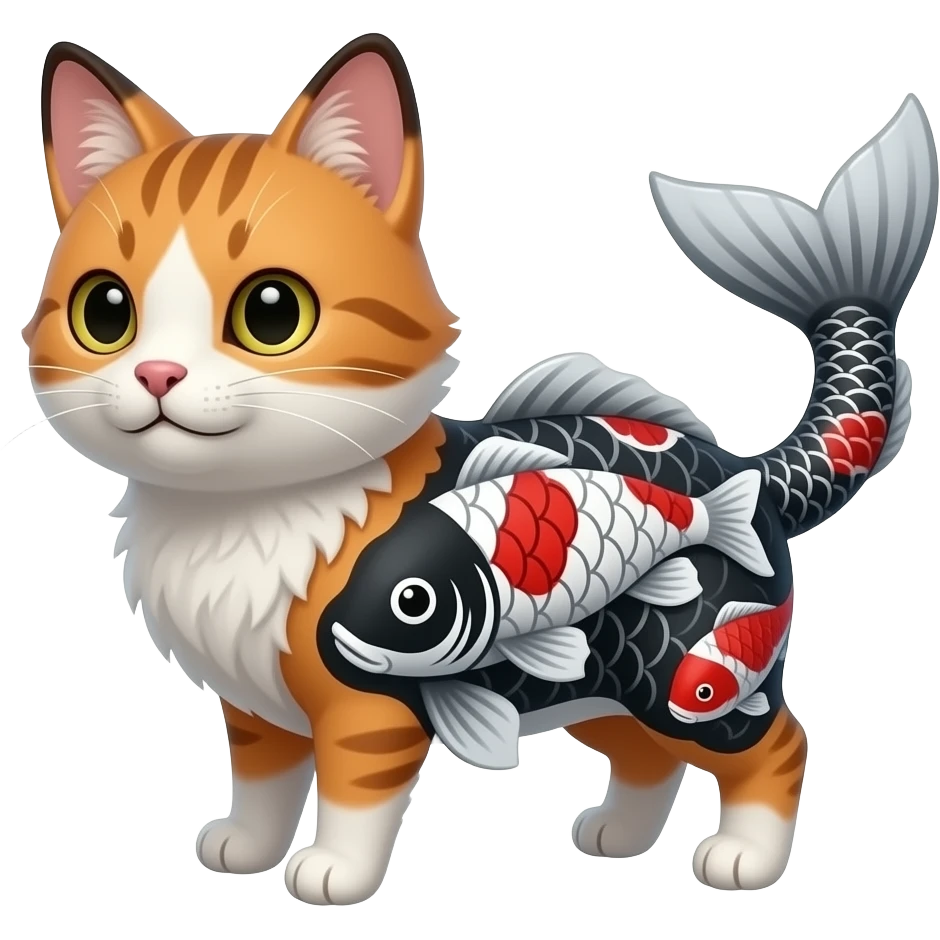 White, black, red, Koi-fish-silver-fox-cat with thick fleshy catfish-whiskers, furry, cute realistic oriental, Japanese painted marked patterned fish-tailed emoji