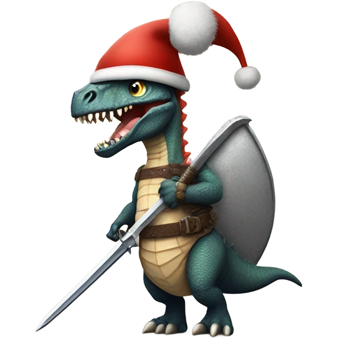 Dinosaur wearing a santa hat holding a midevil sword  emoji