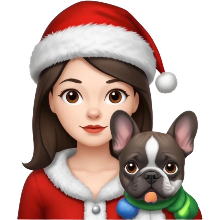 brunette woman with a dark grey French bulldog both wearing Santa emoji