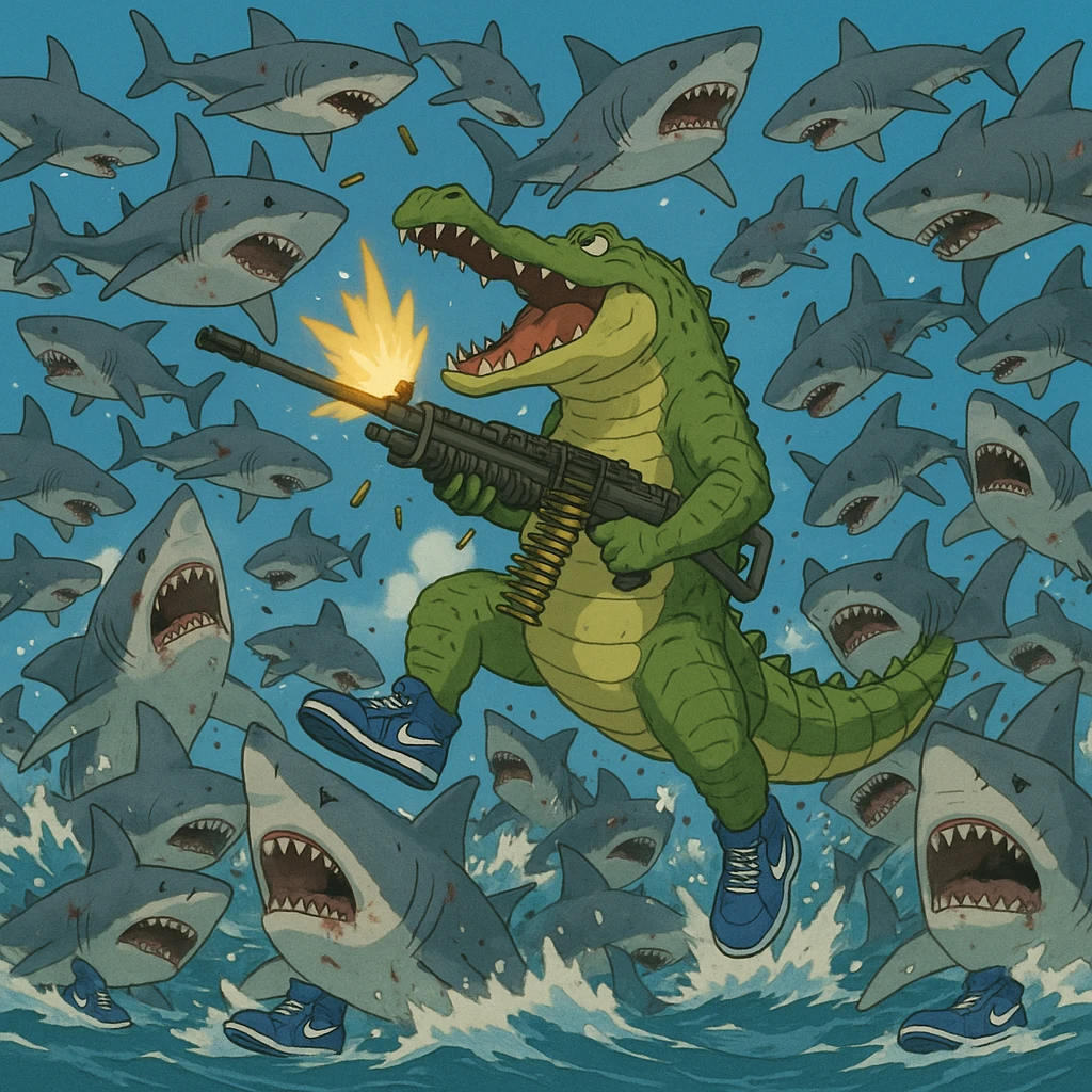 1 crocodile take m60 vs 20,000 shark They wear shoes Nike blue and crocodile killing all sharks  shoes Nike blue and crocodile wins emoji