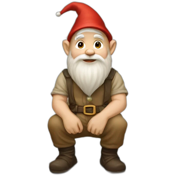 side view of gnome with light tan pants sitting above a small dark brown pebble emoji