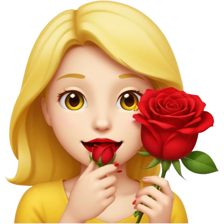 Normal emoji yellow biting a rose flower in romantic  emoji