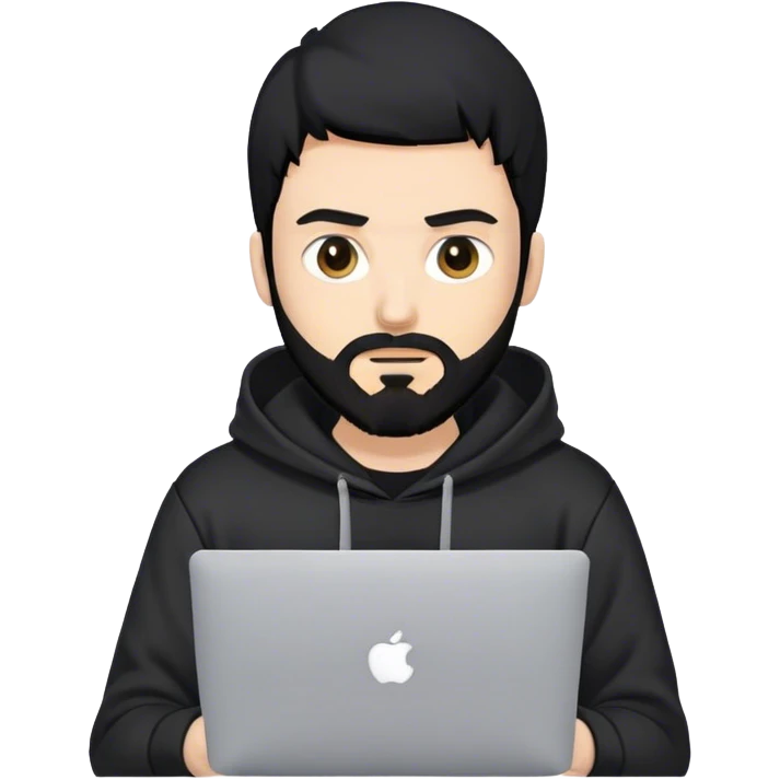 hackeur blanc cheveux noir barbe et capuche noir avec un macbook emoji