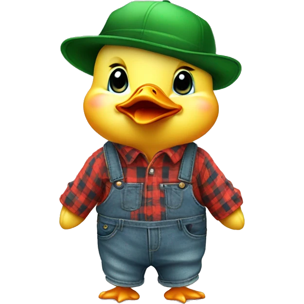 cute fluffy chubby baby duck with hand and wear green hat and red checkered shirt and jeans jumpsuit emoji