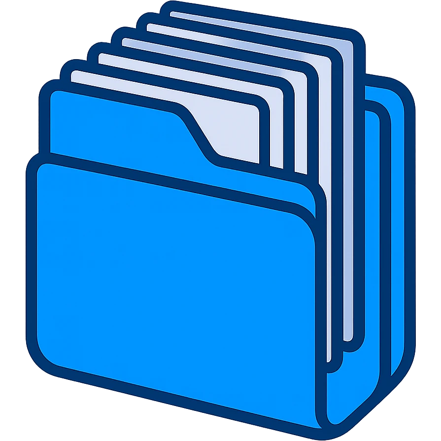 Edit the blue folder to appear thicker and more packed with a lot more documents inside. Keep the style flat and modern, with a fully transparent background. Prioritize clarity and recognizability, ensuring the folder looks full of documents. emoji
