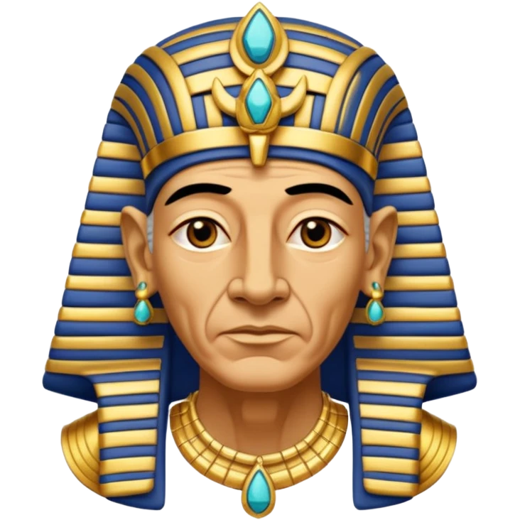 An aging pharaoh with deep wrinkles, elaborate gold jewelry, and a wise commanding gaze.
 emoji