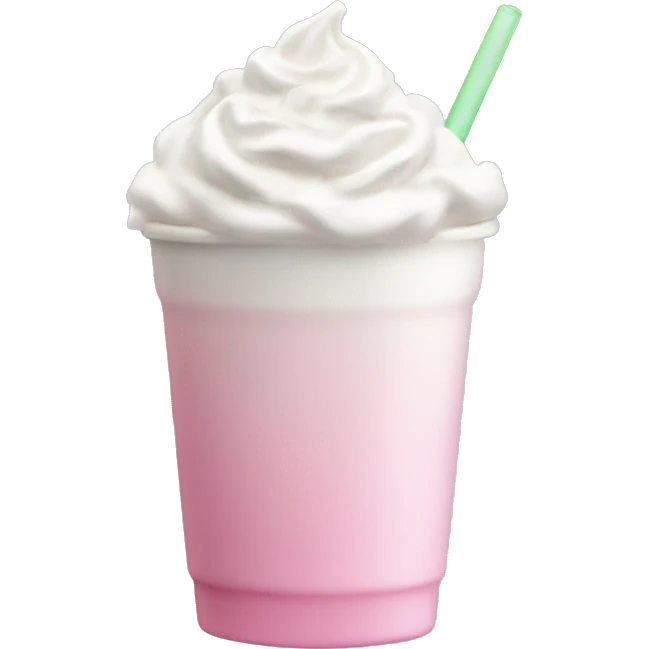 Clear grande cup with light pink drink on top and white whipped cream emoji