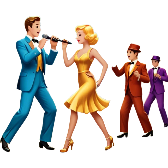 Vintage movie poster-style icon for a musical film. A vibrant street scene with bright lights, dancers mid-step, a singer with a microphone, and a jazz band playing. The cityscape glows in the background, evoking the golden era of musicals. Transparent background. emoji