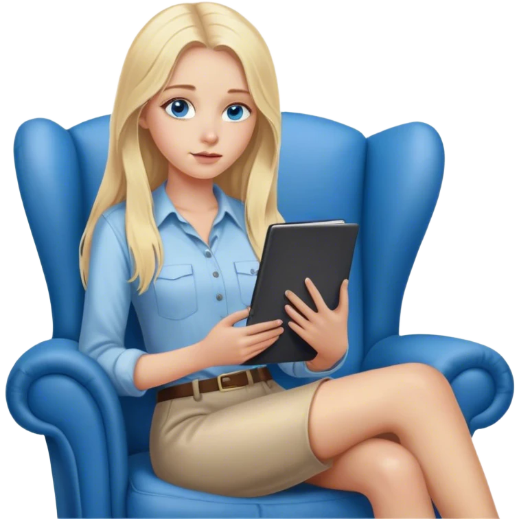 A cinematically realistic blonde with long hair and blue eyes is sitting on an armchair with a notebook in her hands, a girl is sitting opposite. emoji
